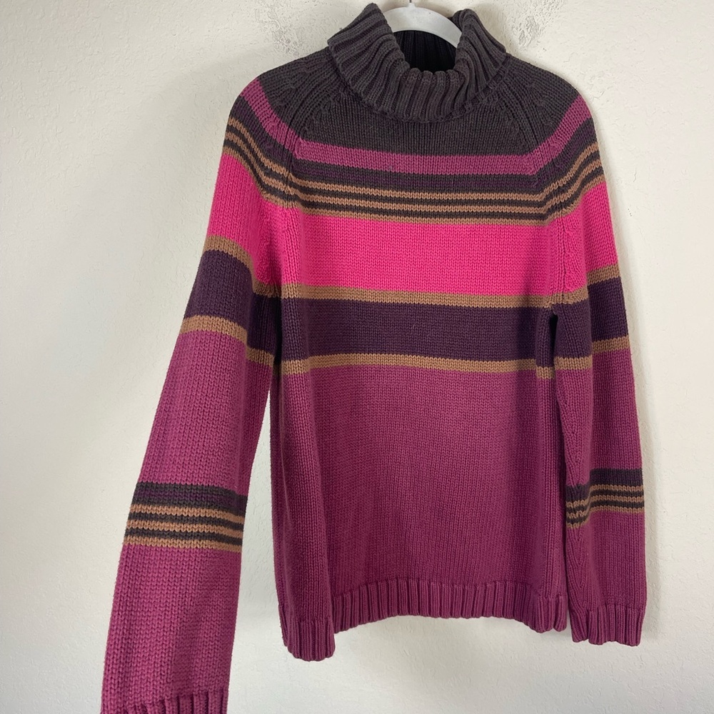 Vintage Lands End Striped Turtleneck Sweater Pink Brown Size Large